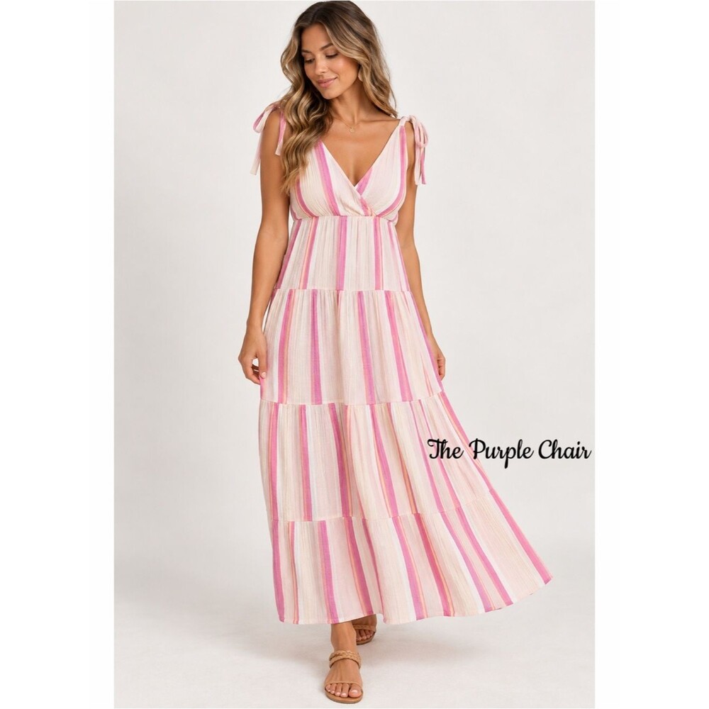 Marine Layer Double Cloth Maxi Dress XS Pink Stripe Tie Shoulder Tiered Boho